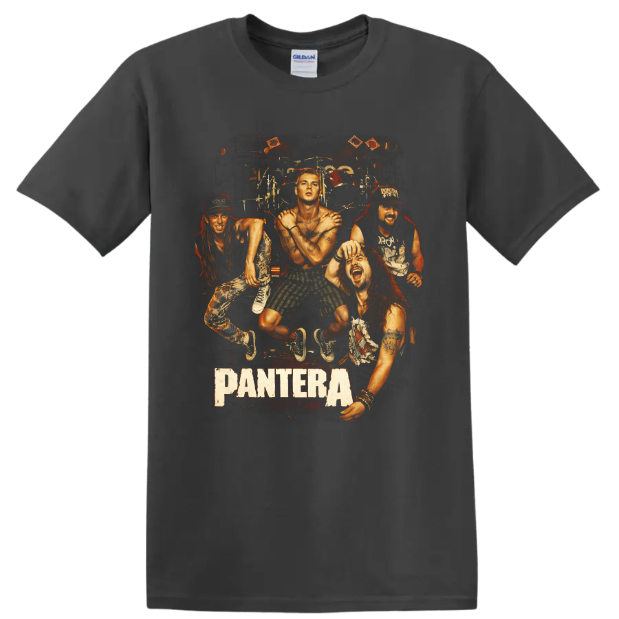 Illustrated Pantera band portrait with drums, concert lights, and Pantera text on a Charcoal T Shirt
