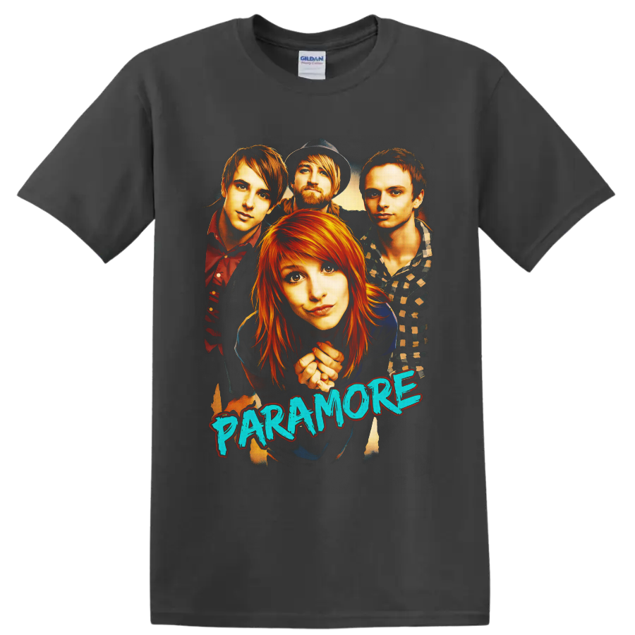 Paramore band portrait with Hayley Williams, Taylor York, Zac Farro, and blue lettering on a Charcoal T Shirt