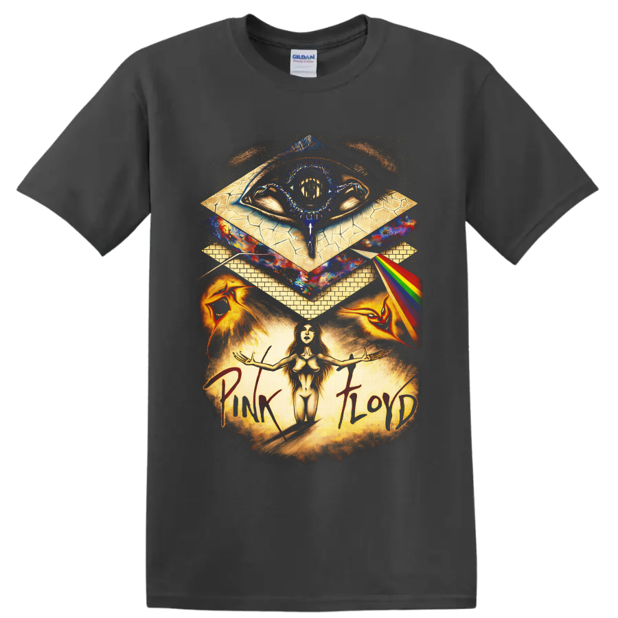 Pink Floyd-inspired psychedelic prism eye, rainbow beam, and surreal cosmic rock collage on a Charcoal T Shirt