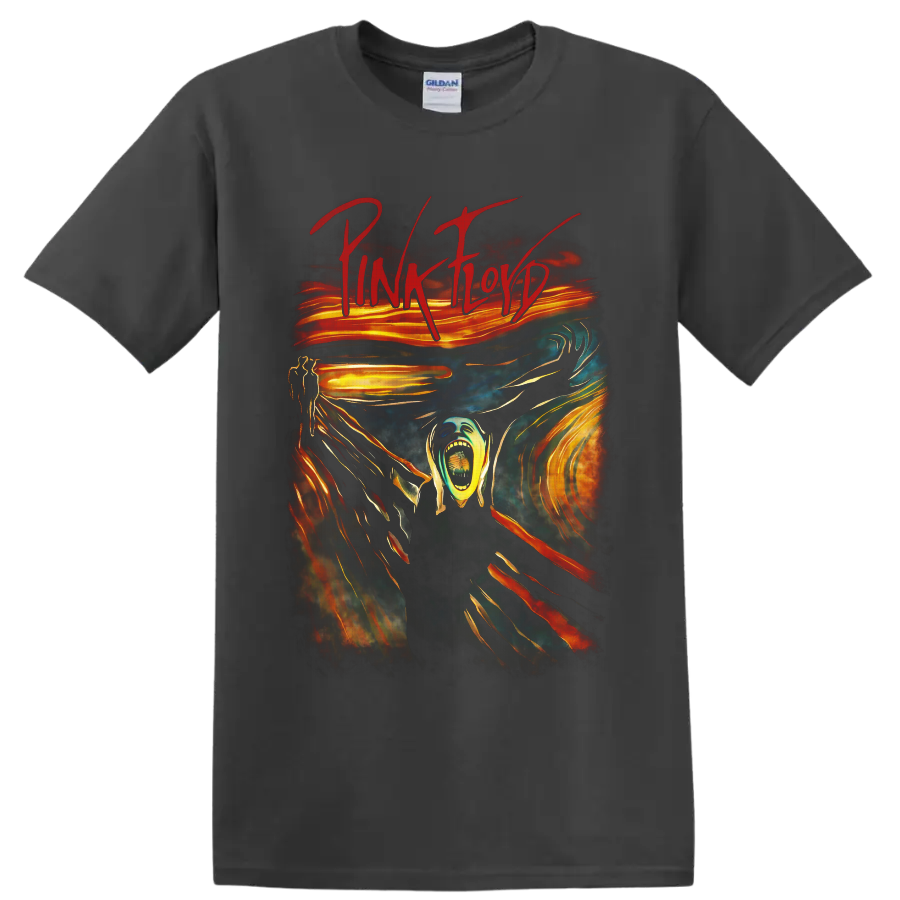 Pink Floyd The Wall-inspired screaming figure in surreal psychedelic rock art on a Charcoal T Shirt