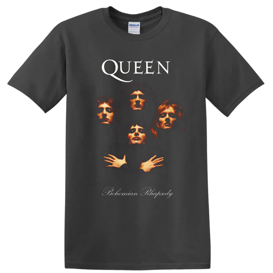 Queen Bohemian Rhapsody four-member portrait graphic with dramatic rock lighting on a Charcoal T Shirt