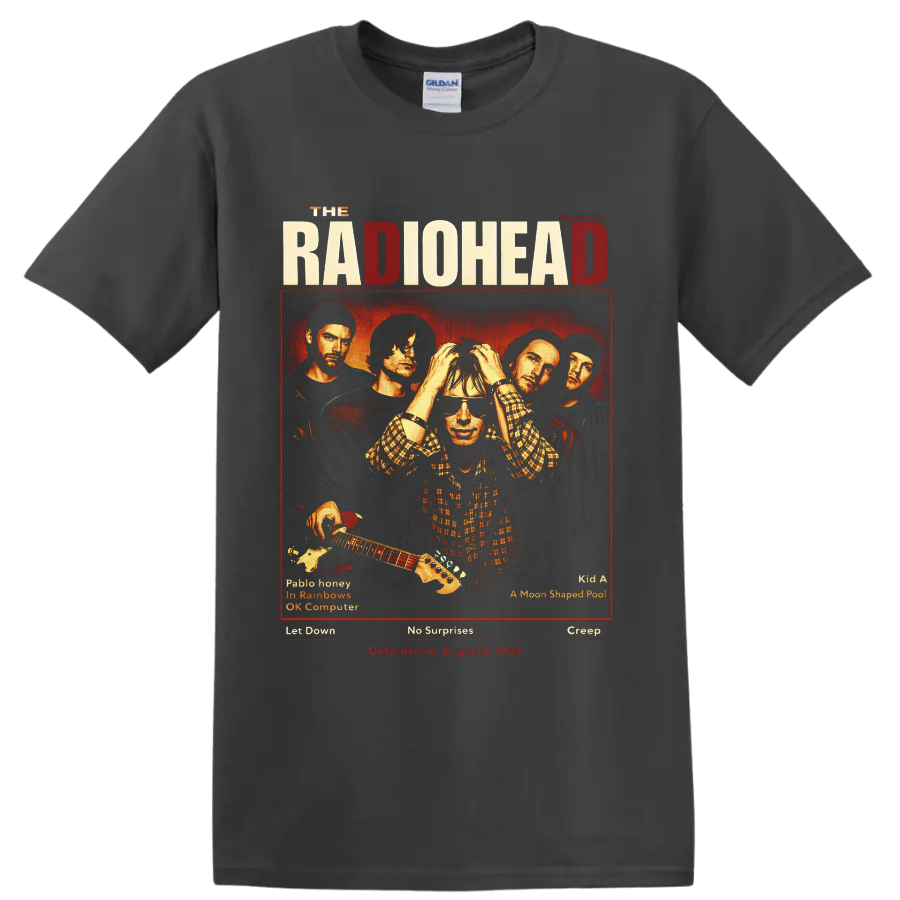 Radiohead band portrait poster with Thom Yorke, guitar, distressed lettering, and song on a Charcoal T Shirt