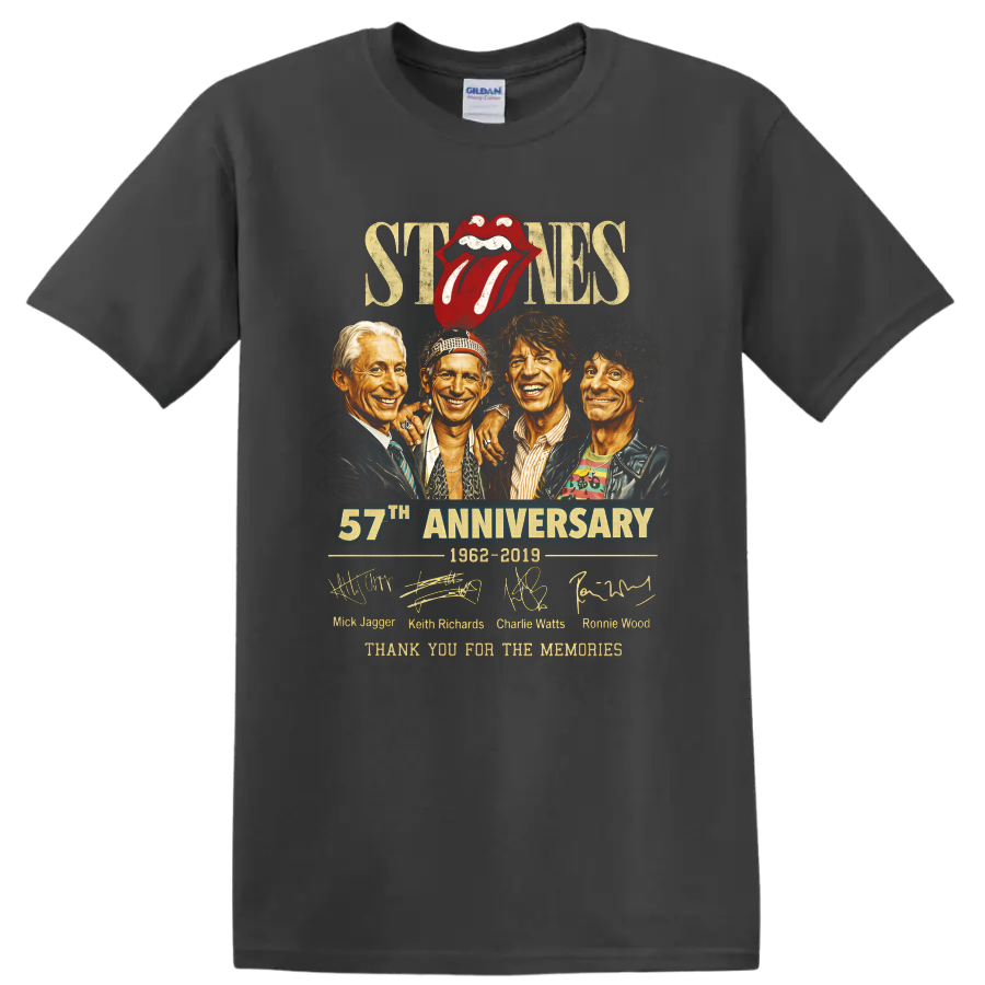 Rolling Stones anniversary portraits with red tongue logo, signatures, and 1962-2019 text on a Charcoal T Shirt