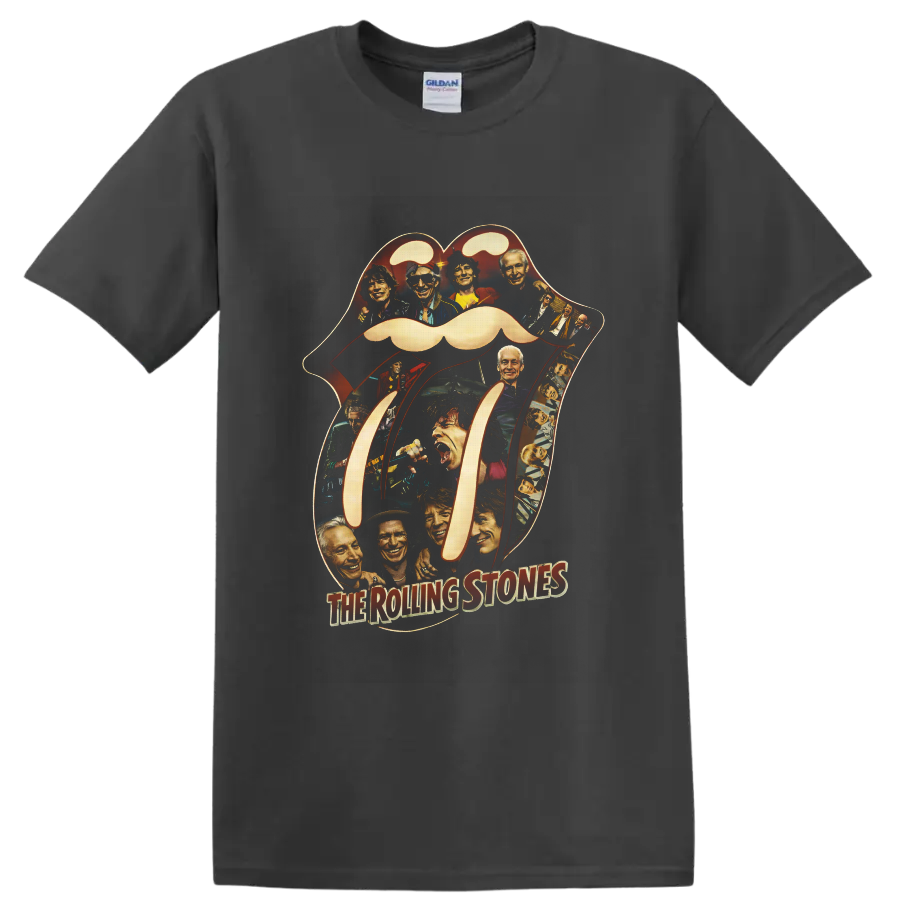 Rolling Stones tongue-and-lips logo collage with vintage band portraits on a Charcoal T Shirt