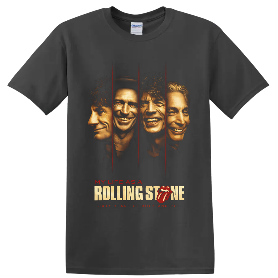 Rolling Stones My Life as a Rolling Stone four-portrait rock graphic with red panels on a Charcoal T Shirt
