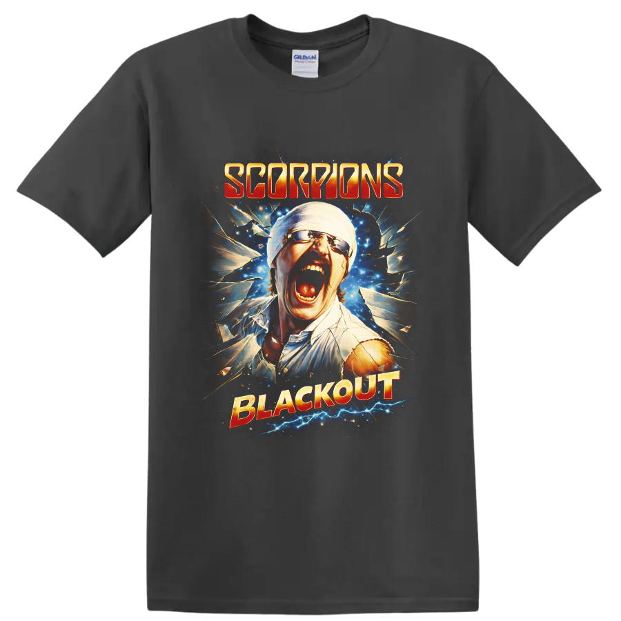 Scorpions Blackout screaming man shattered glass rock artwork with electric blue sparks on a Charcoal T Shirt