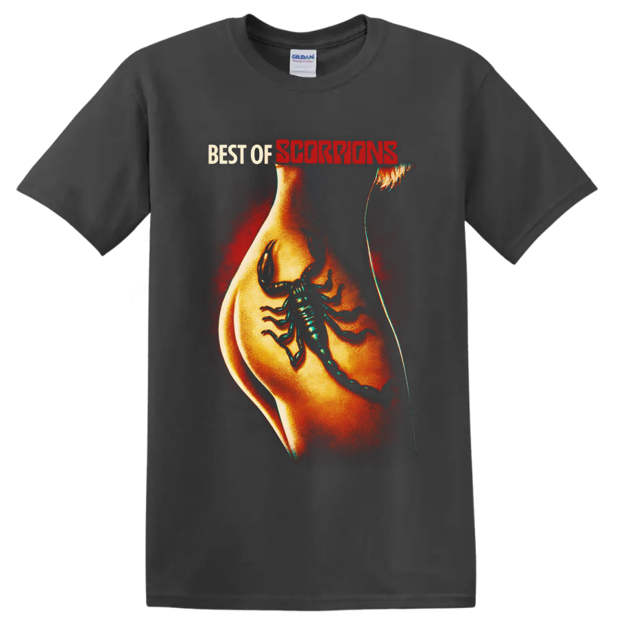 Scorpions Best of lettering above a tattoo-style torso with a large scorpion on a Charcoal T Shirt