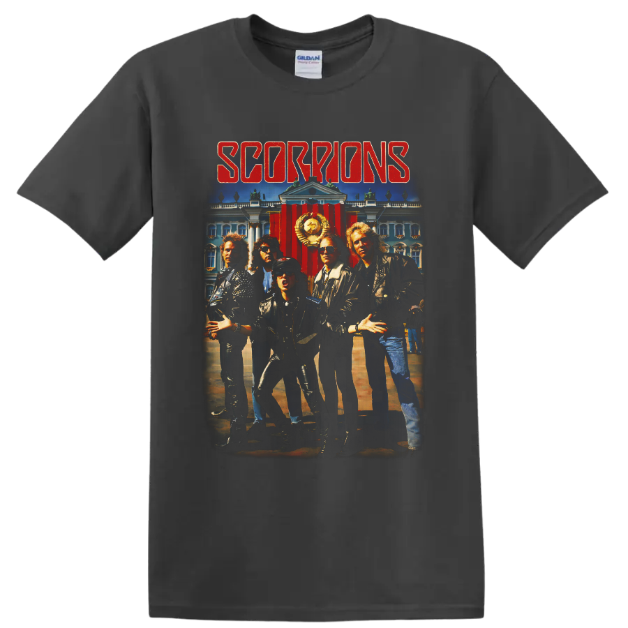 Scorpions band portrait with Soviet palace backdrop and distressed red lettering on a Charcoal T Shirt
