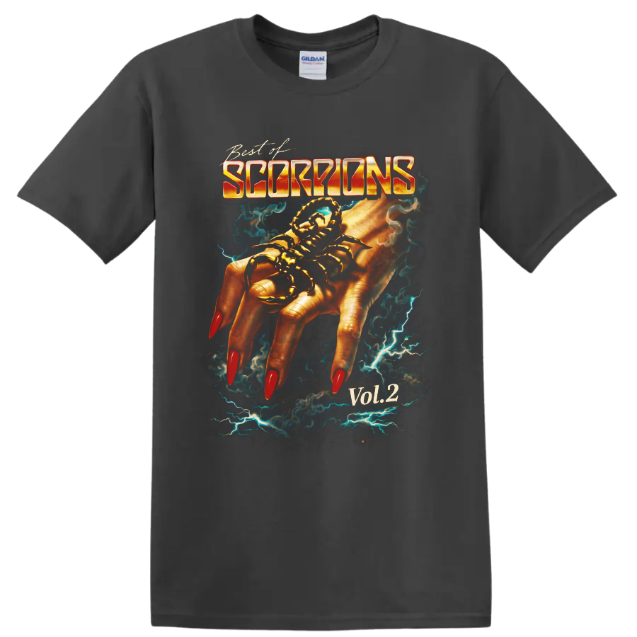 Scorpions Best of Vol. 2 scorpion hand graphic with lightning and smoke on a Charcoal T Shirt