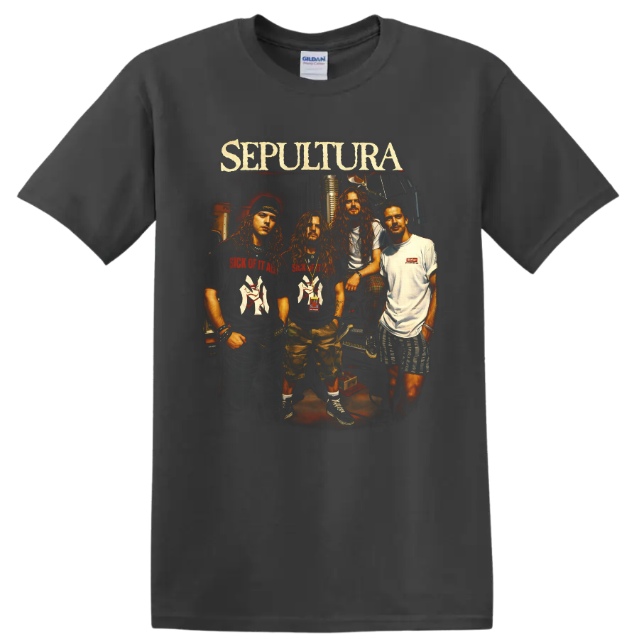 Sepultura band portrait with Max Cavalera, vintage microphone, and distressed logo on a Charcoal T Shirt