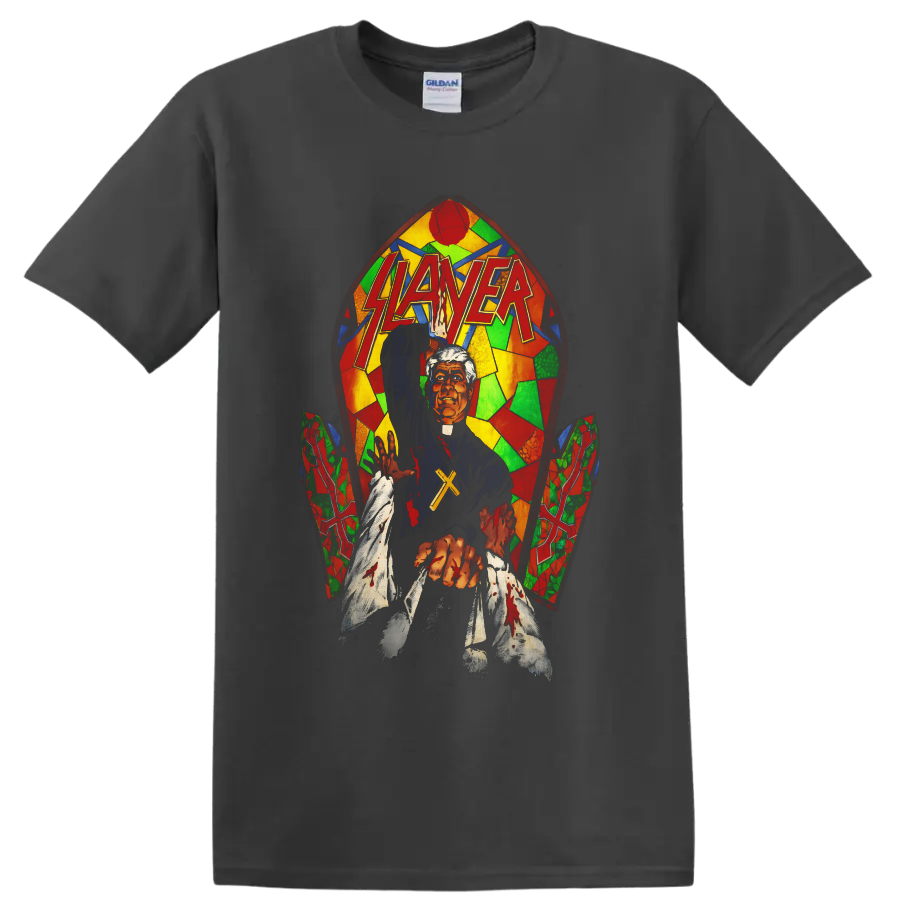 Slayer logo over gothic priest with cross, bloody hands, and colorful stained-glass art on a Charcoal T Shirt