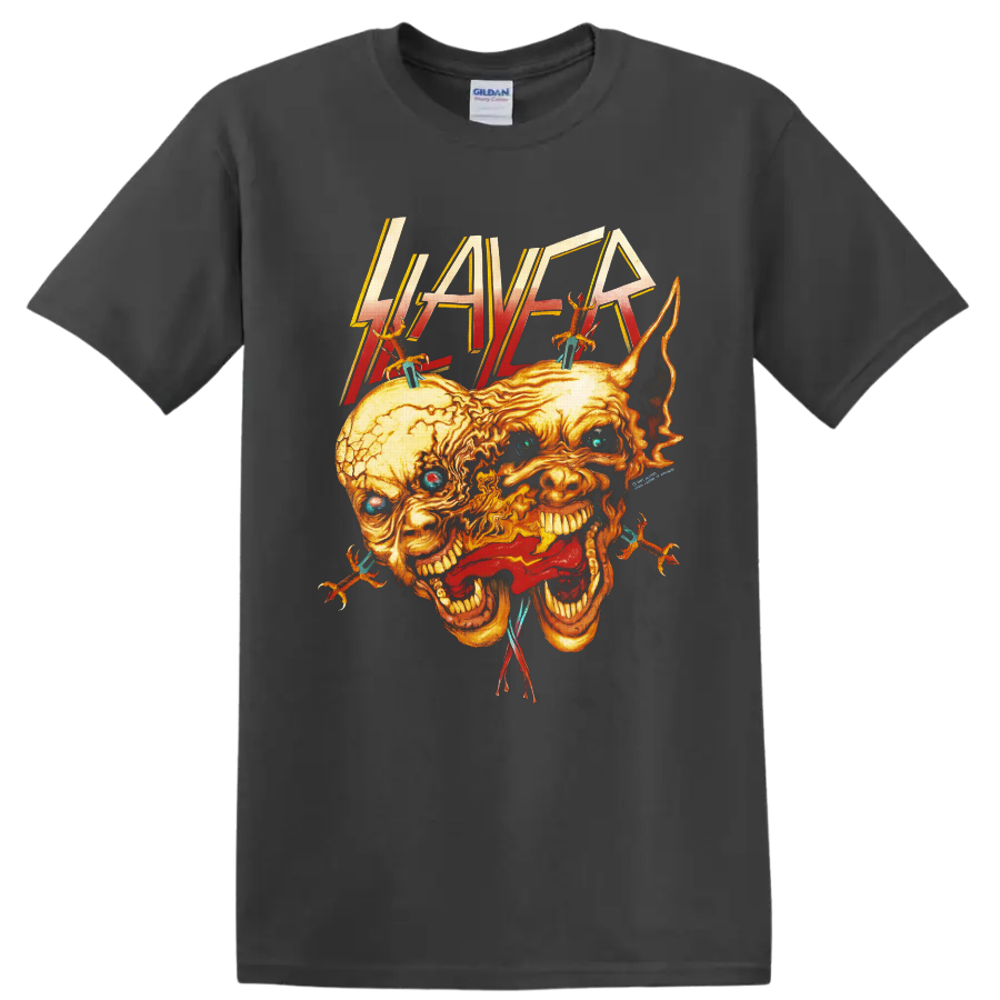 Slayer logo above fiery fused screaming skulls with spikes, wires, and blue eyes on a Charcoal T Shirt