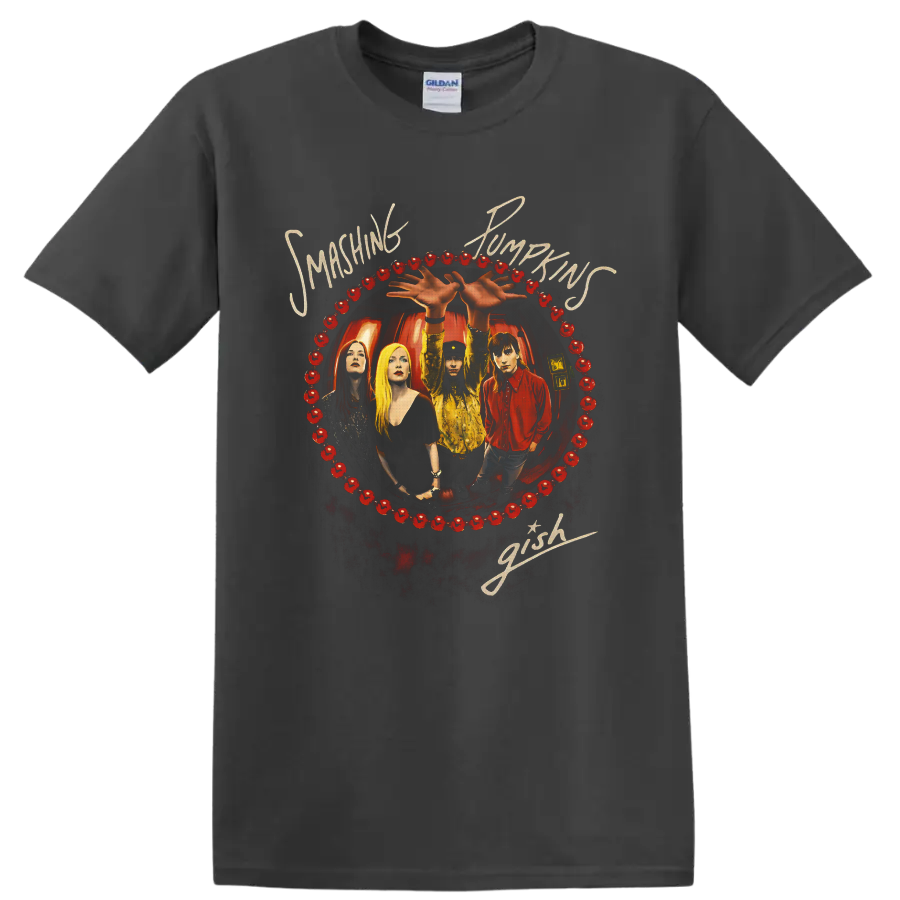 Smashing Pumpkins Gish band portrait with red pumpkin border and cream script lettering on a Charcoal T Shirt