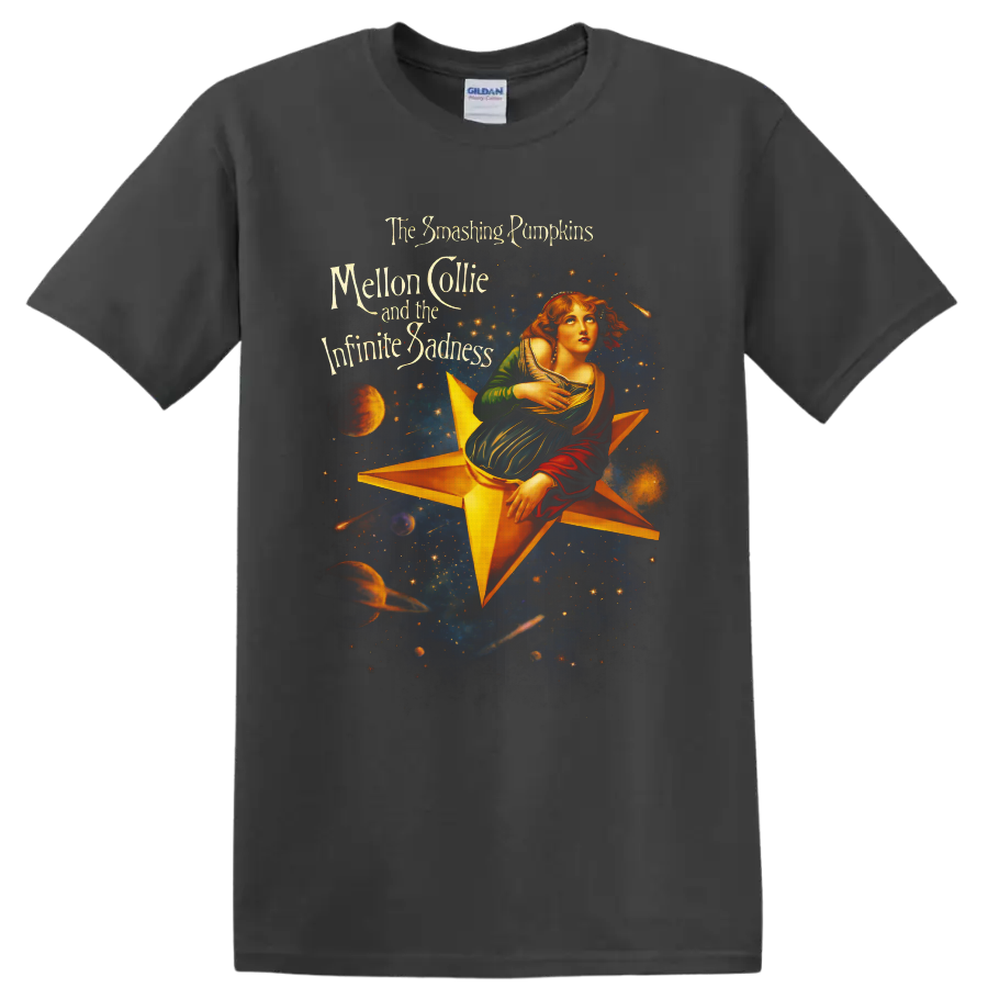 Mellon Collie celestial star maiden with galaxy, planets, and ornate band lettering on a Charcoal T Shirt