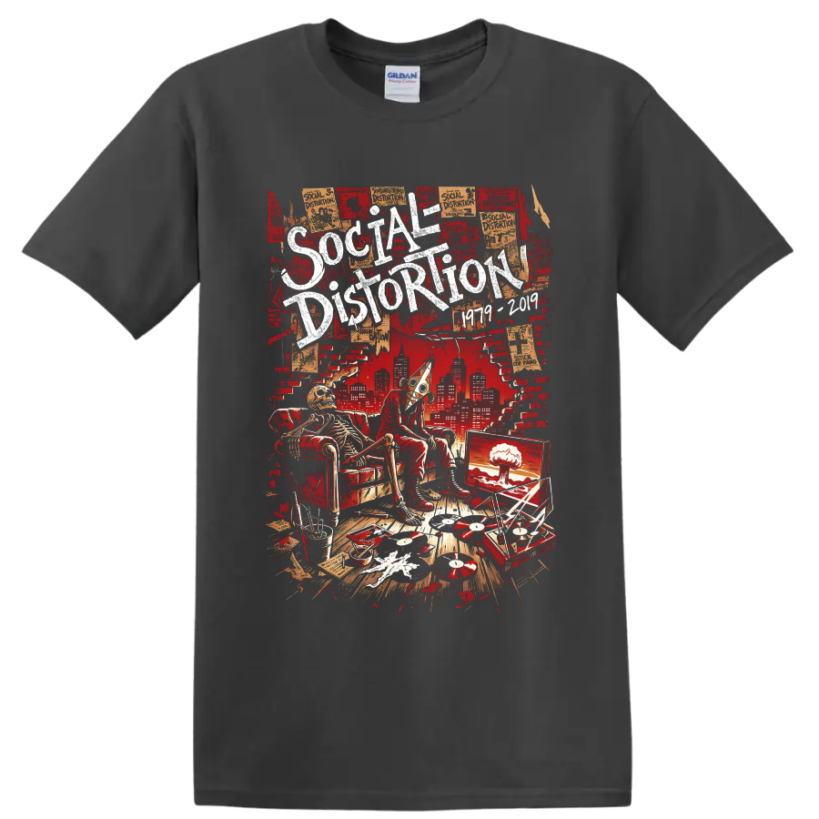 Social Distortion distressed punk poster with skeleton, vinyl records, turntable, and on a Charcoal T Shirt