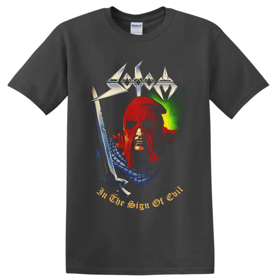 Sodom In the Sign of Evil hooded figure with sword and metallic logo artwork on a Charcoal T Shirt