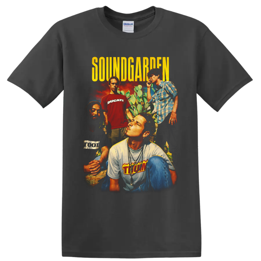 Soundgarden four-member desert portrait collage with distressed yellow lettering on a Charcoal T Shirt