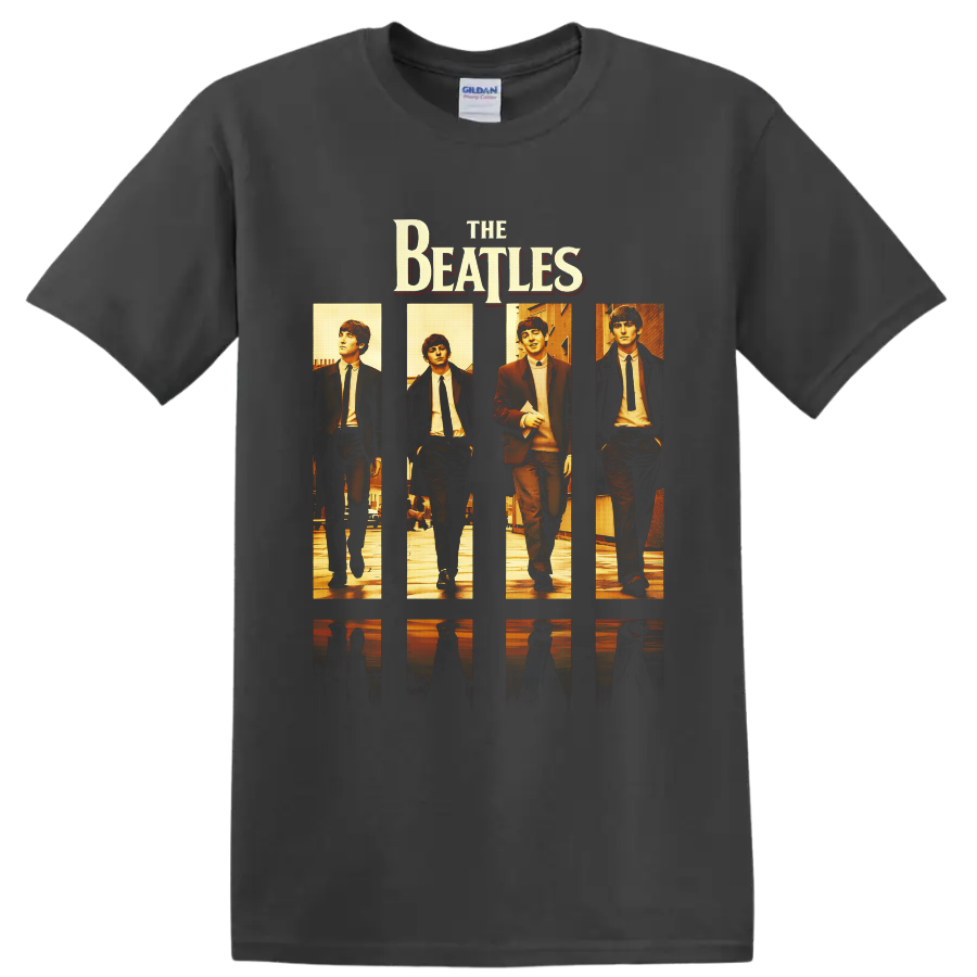 The Beatles four-panel warm-toned portraits with bold band lettering on a Charcoal T Shirt