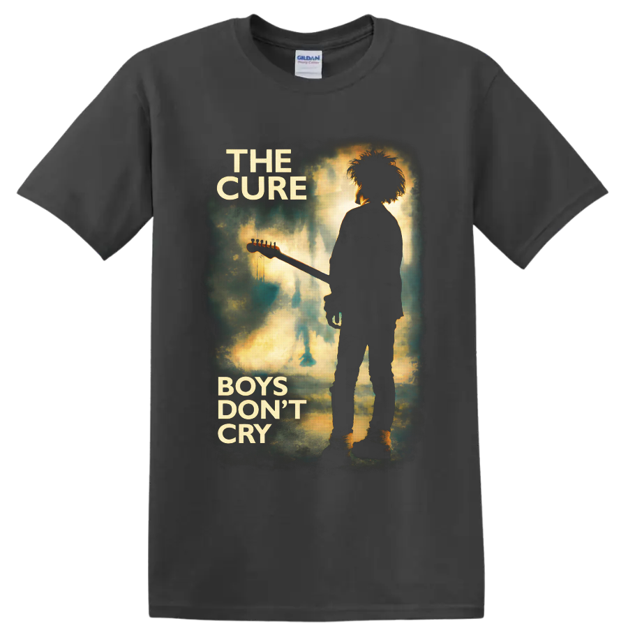 The Cure Boys Don't Cry guitarist silhouette in distressed teal and gold poster art on a Charcoal T Shirt