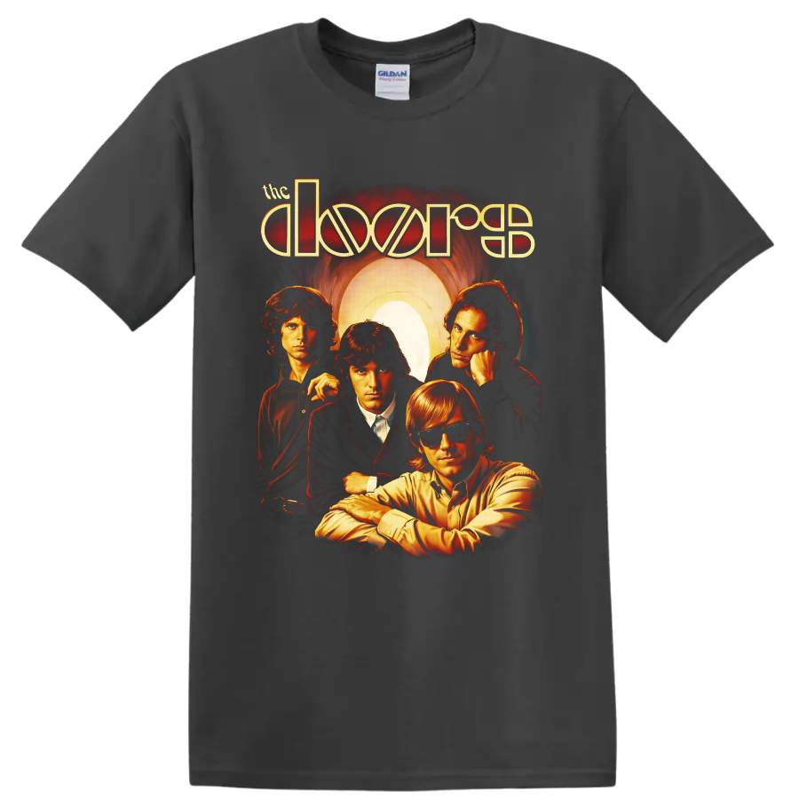 The Doors four-member retro portrait with glowing arch and stylized band lettering on a Charcoal T Shirt