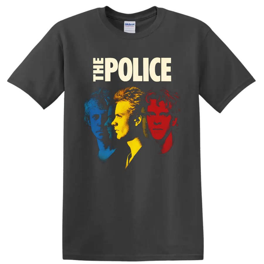 The Police portraits of Sting, Andy Summers, and Stewart Copeland in distressed pop art on a Charcoal T Shirt