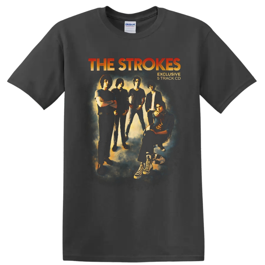 The Strokes group portrait with orange lettering in a smoky vintage rock poster style on a Charcoal T Shirt
