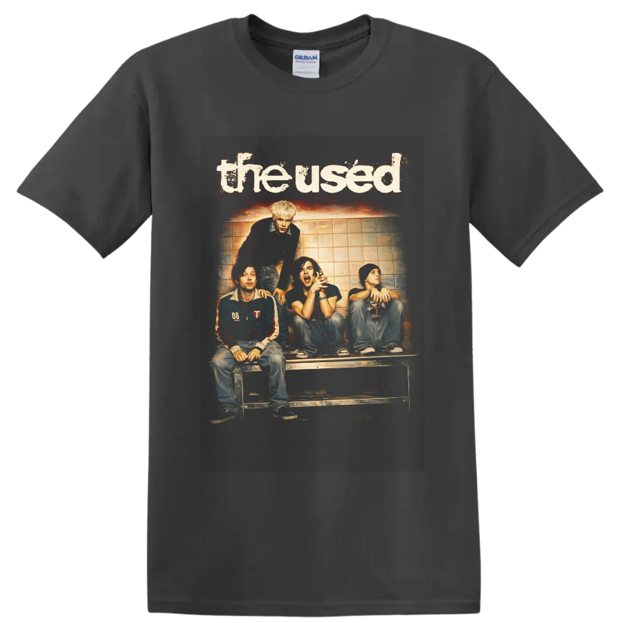 The Used four-member rock band portrait with distressed lettering and warm vintage photo on a Charcoal T Shirt