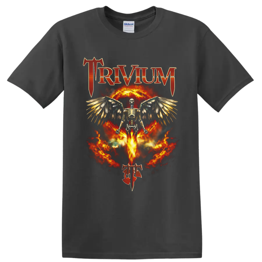 Trivium winged skeleton with fiery Ascendancy-inspired gothic artwork on a Charcoal T Shirt