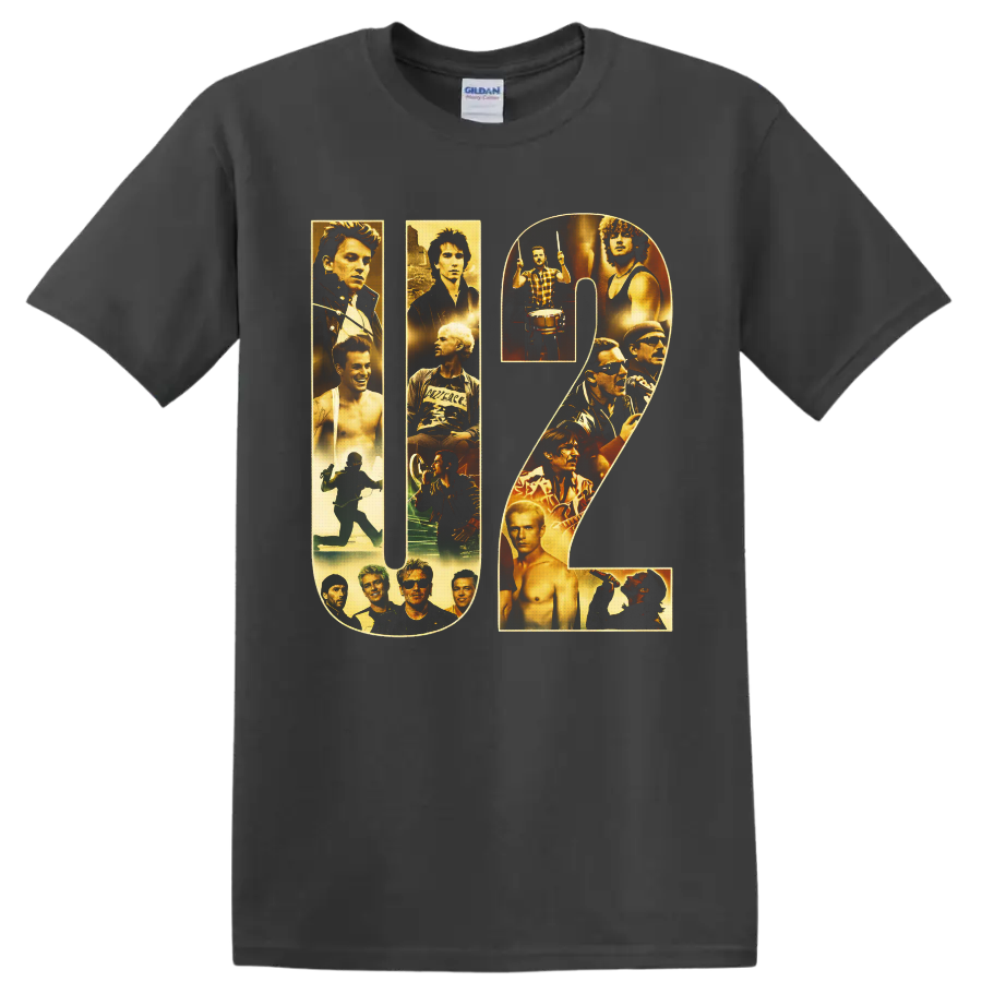 U2 letterforms filled with gold-toned band portraits, drummer, singer, and stage imagery on a Charcoal T Shirt