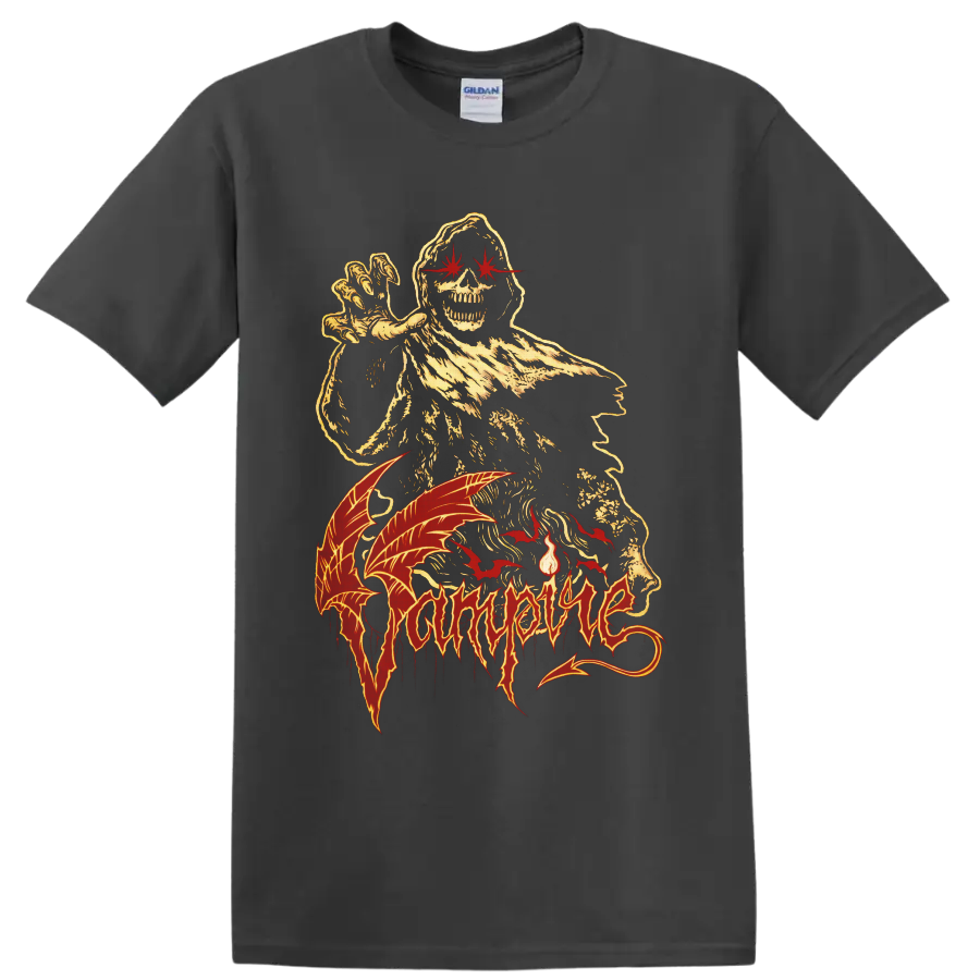 Vampire hooded skeleton with red bats and distressed gothic horror artwork on a Charcoal T Shirt