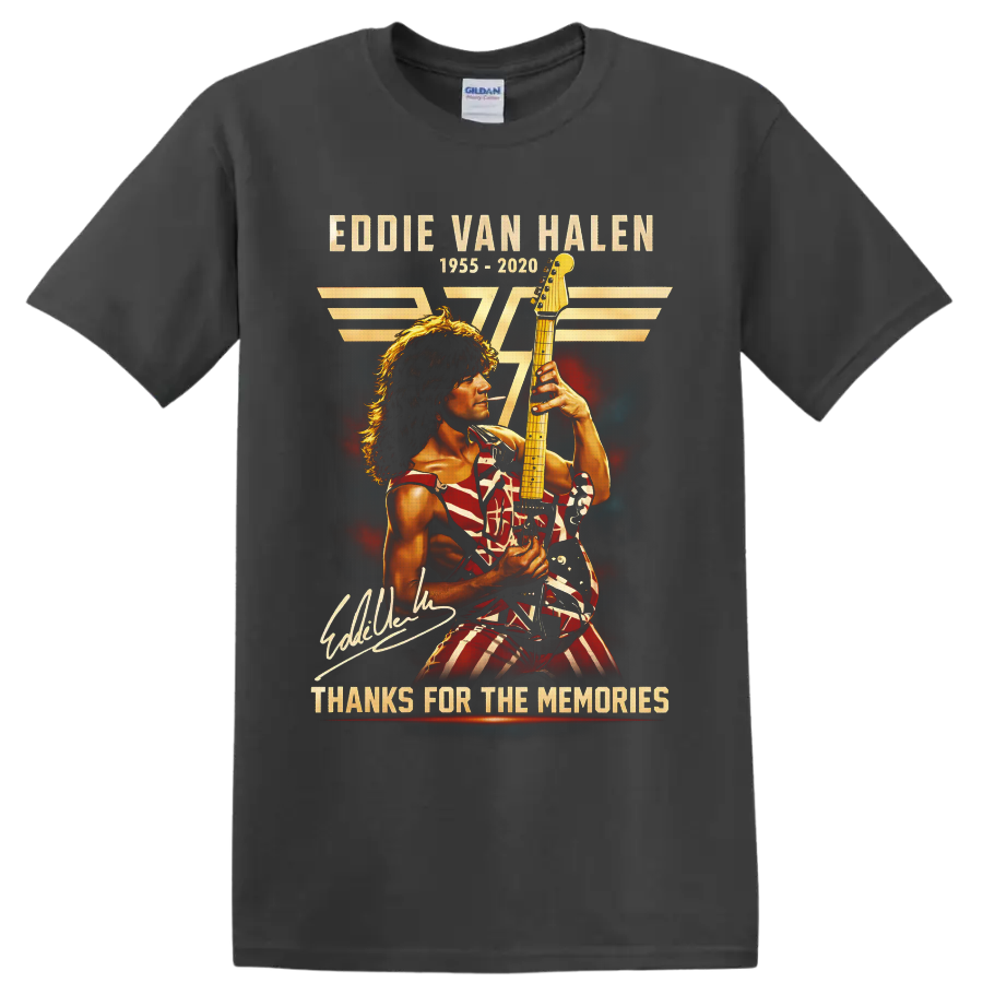 Eddie Van Halen memorial guitarist graphic with 1955–2020 and Thanks for the Memories on a Charcoal T Shirt