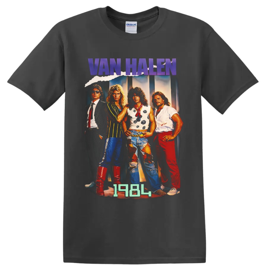Van Halen 1984-era four-member rock band portrait with purple logo lettering on a Charcoal T Shirt