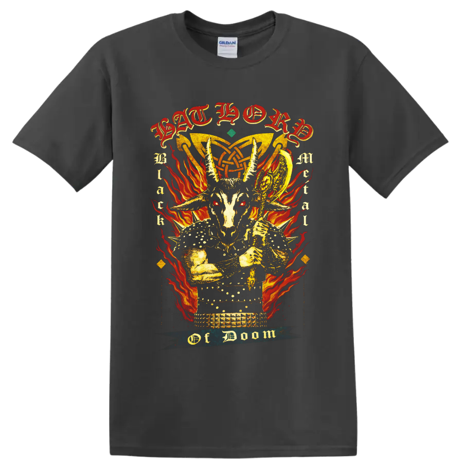 Bathory goat skull warrior with flames, occult knotwork, and gothic lettering on a Charcoal T Shirt