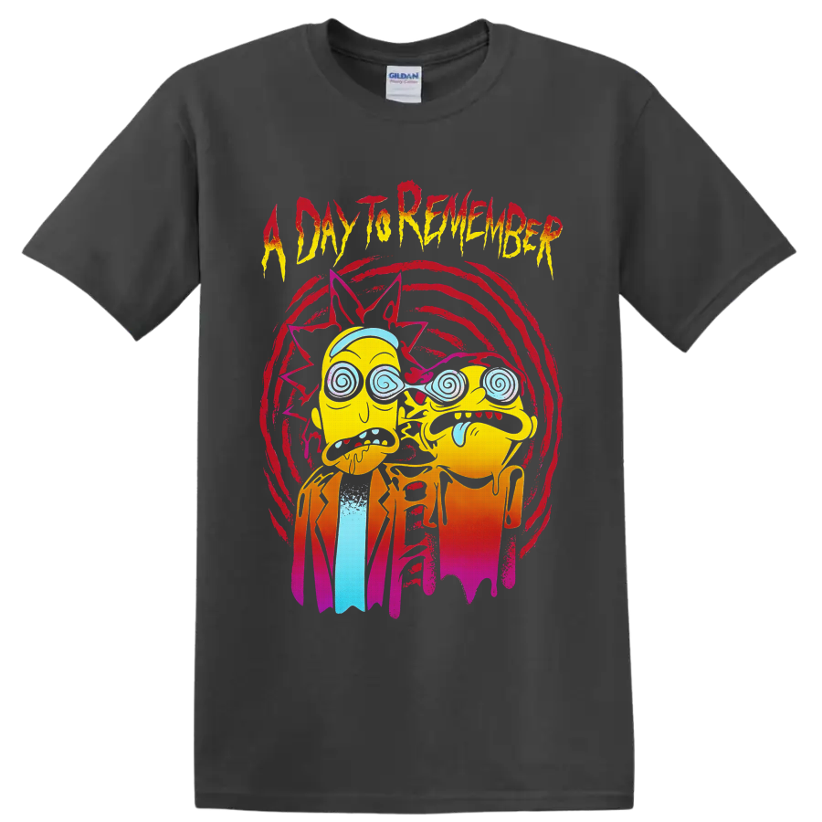 Rick and Morty trippy cartoon art with A Day To Remember distressed lettering on a Charcoal T Shirt