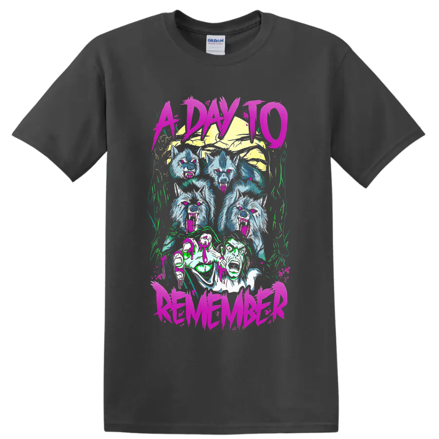 A Day To Remember neon horror graphic with snarling wolves, screaming faces, and pink on a Charcoal T Shirt