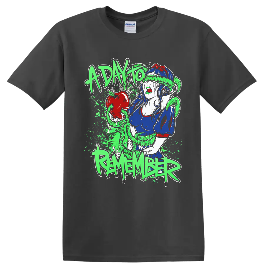 Snow White with red apple and green coils in A Day To Remember metalcore art on a Charcoal T Shirt