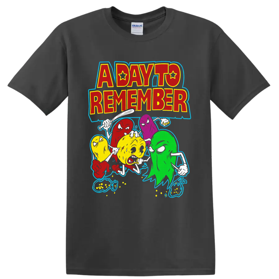 A Day To Remember lettering with colorful cartoon ghosts and distressed music art on a Charcoal T Shirt