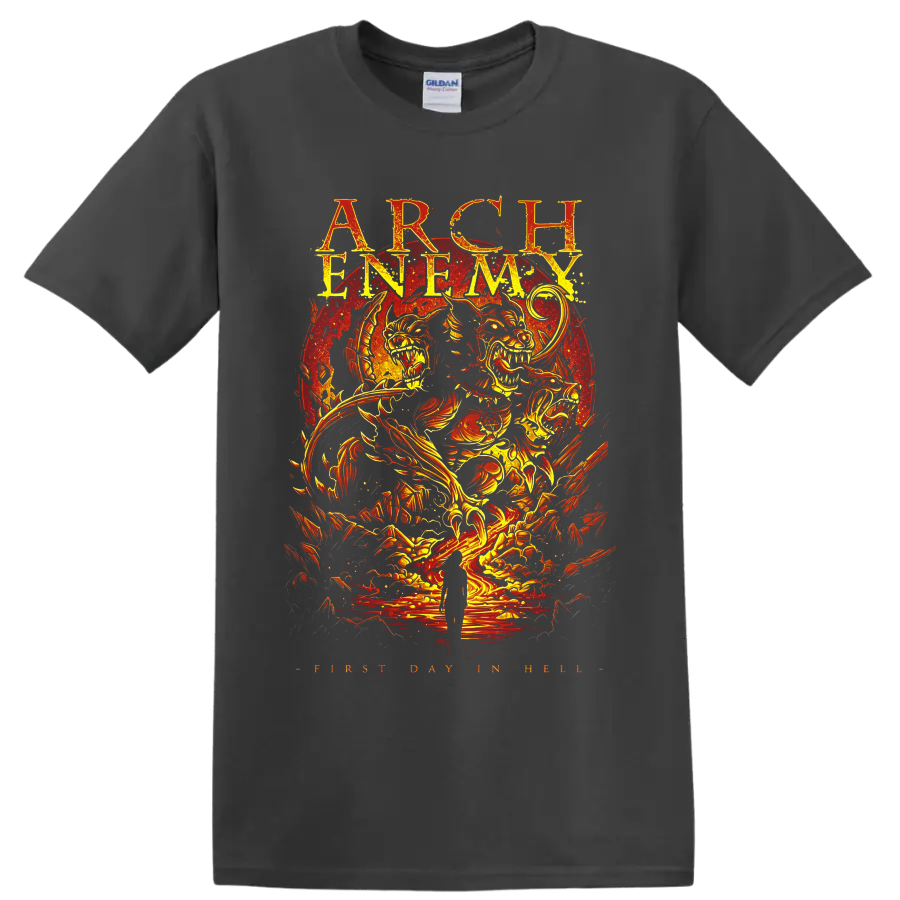 Arch Enemy First Day in Hell fiery skull creatures and distressed metal concert art on a Charcoal T Shirt