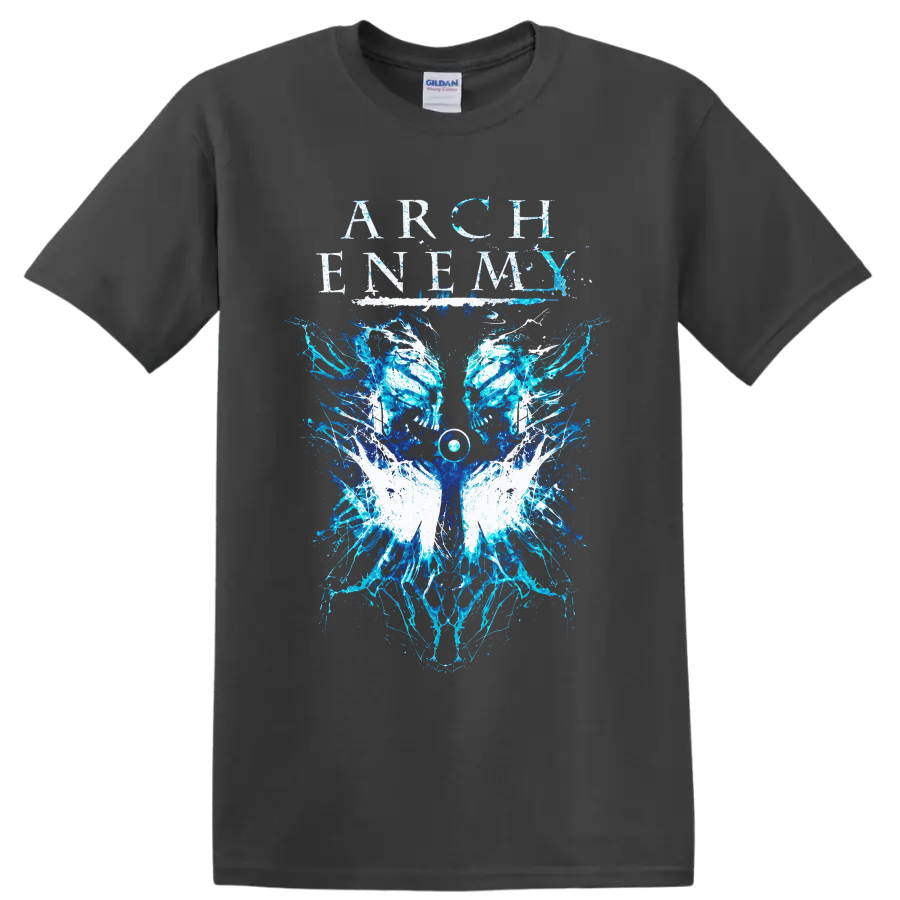 Arch Enemy distressed lettering above mirrored blue skulls, white wings, and electric on a Charcoal T Shirt