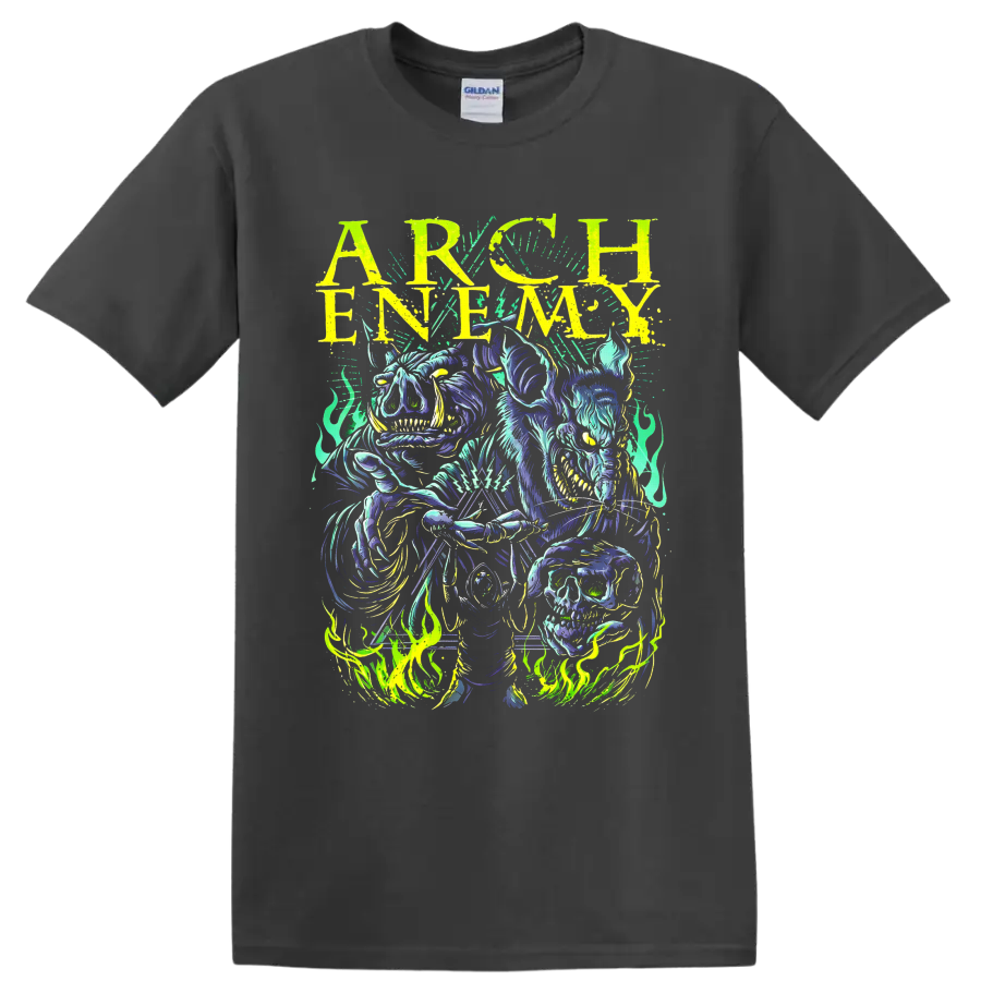 Arch Enemy neon horned skeleton, skull, flames, and distressed lettering graphic on a Charcoal T Shirt