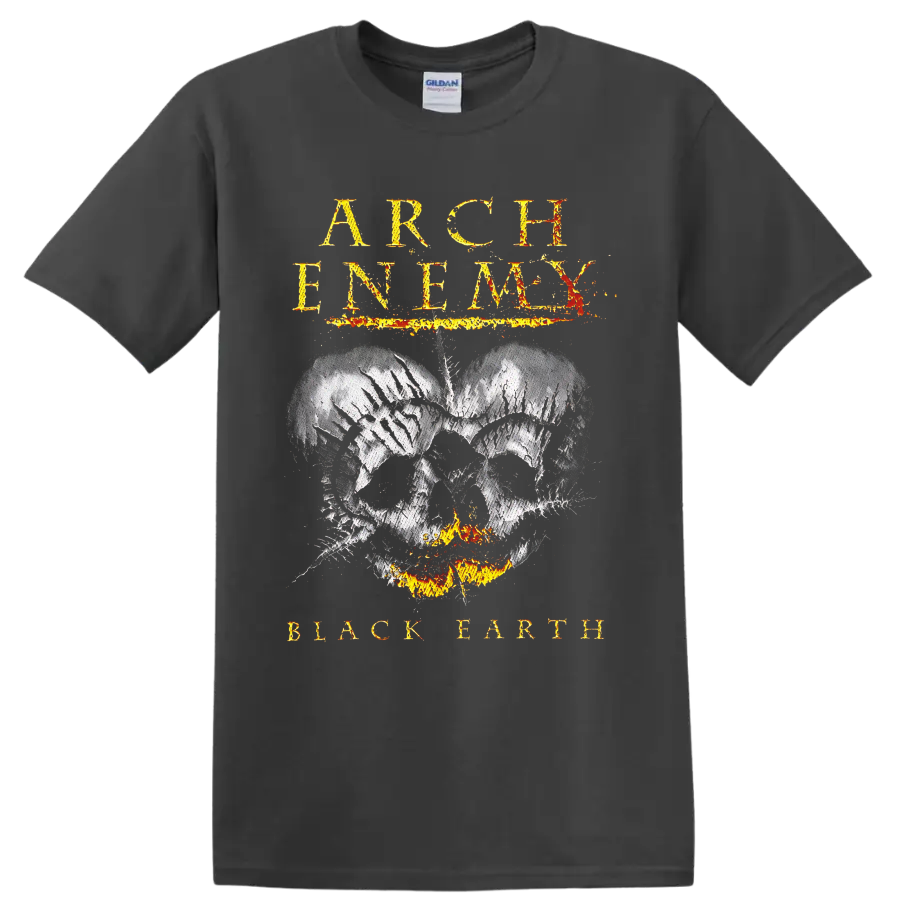 Arch Enemy Black Earth distressed skull with flames and fiery gothic lettering on a Charcoal T Shirt
