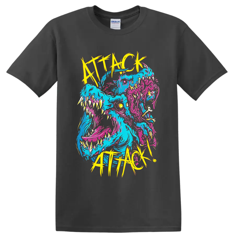 Attack Attack! neon multi-headed monster in cyan, pink, and yellow jagged horror art on a Charcoal T Shirt
