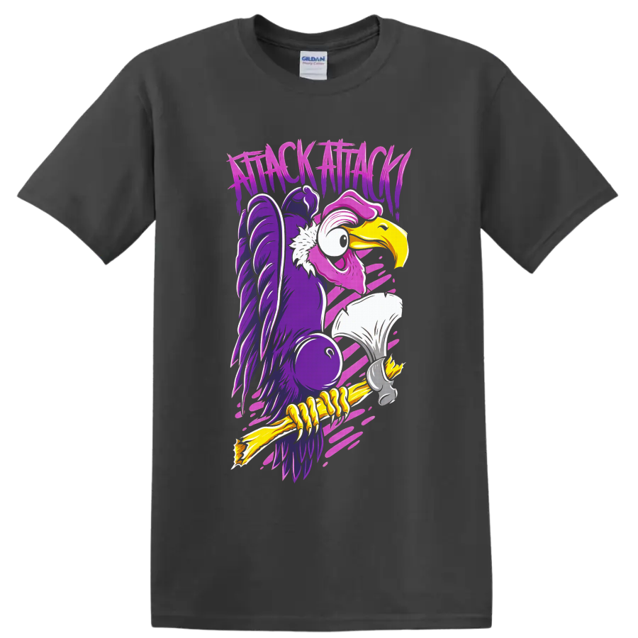 Attack Attack neon cartoon vulture with jagged lettering and pink motion streaks on a Charcoal T Shirt