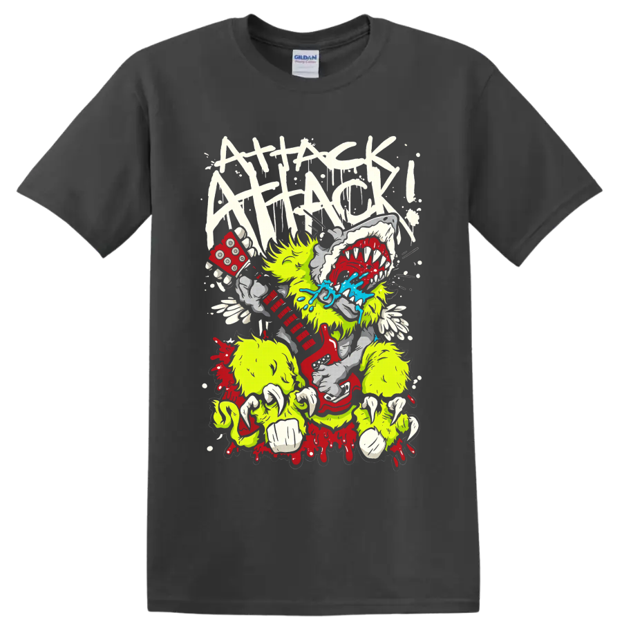 Attack Attack! neon monster holding red dice with teeth, blue splash, and paint drips on a Charcoal T Shirt