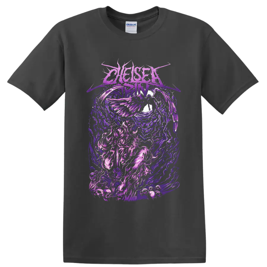 Chelsea Grin gothic winged angel with ornate purple clouds and flame-like artwork on a Charcoal T Shirt