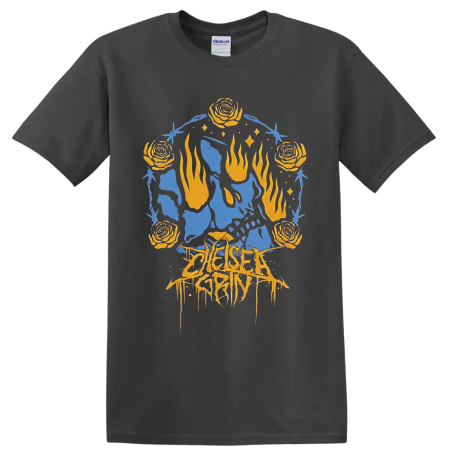 Chelsea Grin gothic graphic with orange roses, flames, blue figures, and thorny frame on a Charcoal T Shirt