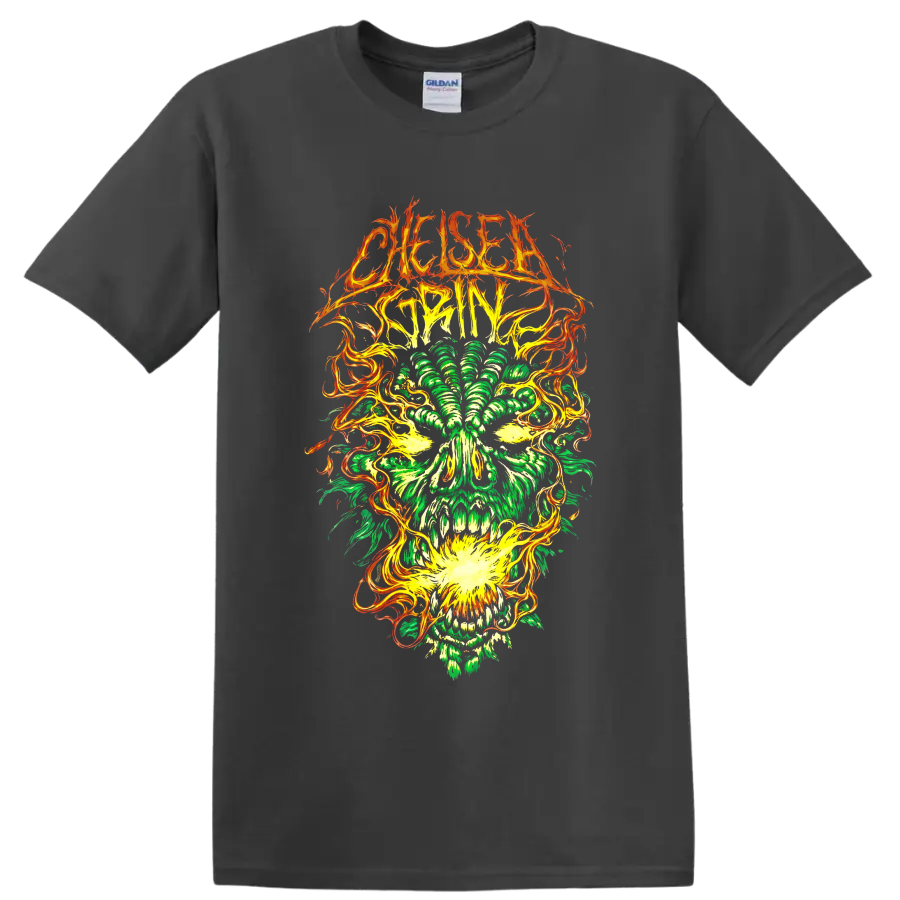 Chelsea Grin thorned logo above neon green skull with swirling orange flame artwork on a Charcoal T Shirt