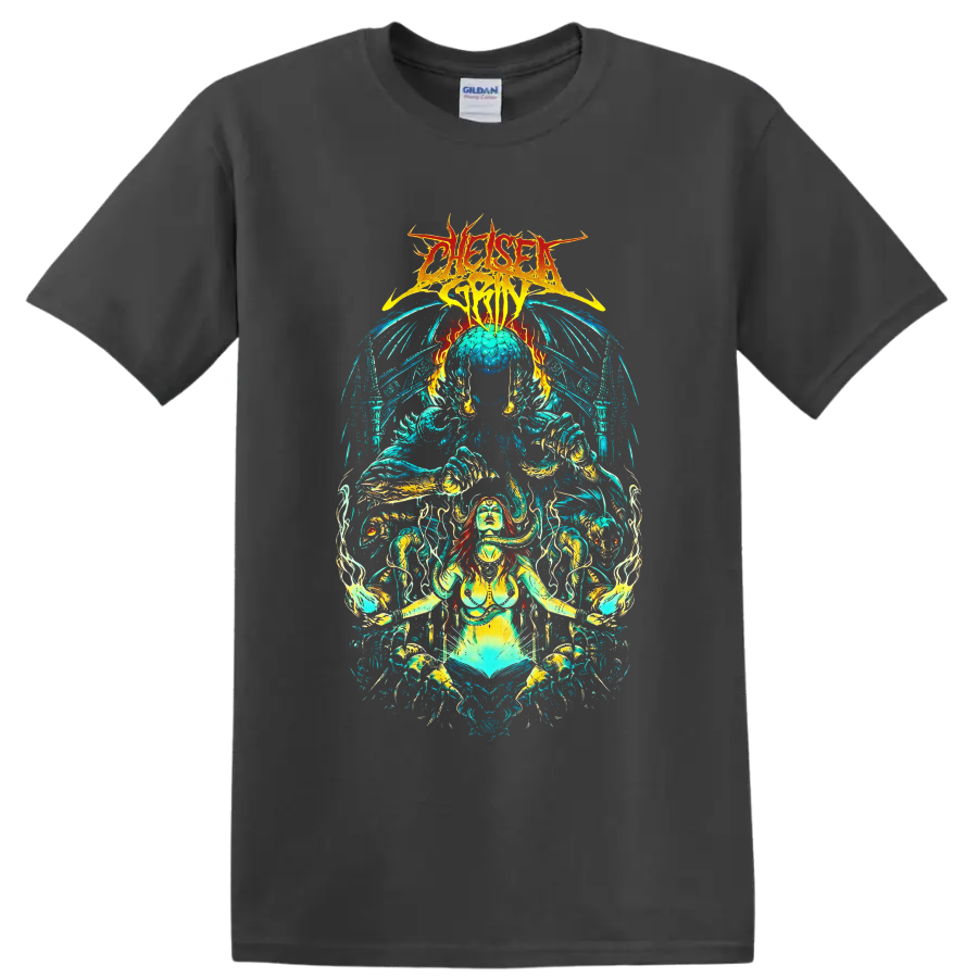 Chelsea Grin logo above psychedelic demon goddess, skeletal forms, flames, and waves on a Charcoal T Shirt