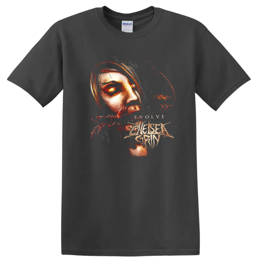 Chelsea Grin Evolve gothic face artwork with glowing eye, red splatters, and sharp logo on a Charcoal T Shirt