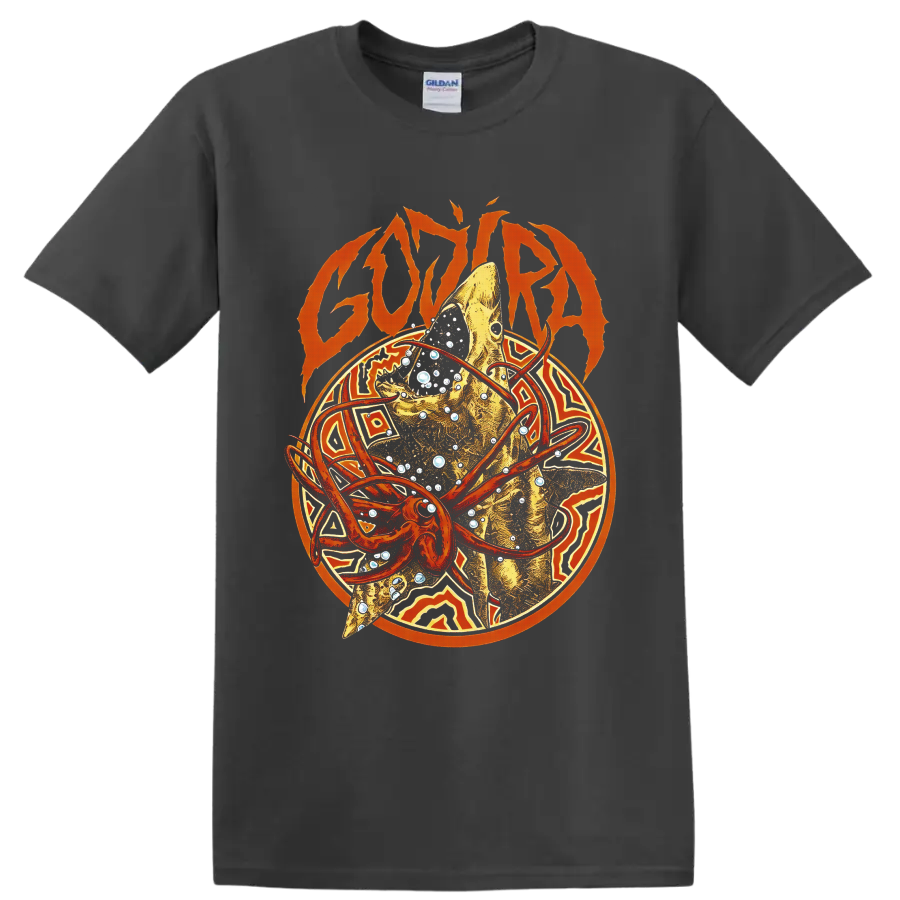Gojira logo above a golden fish with orange orbital rings, bubbles, and geometric art on a Charcoal T Shirt